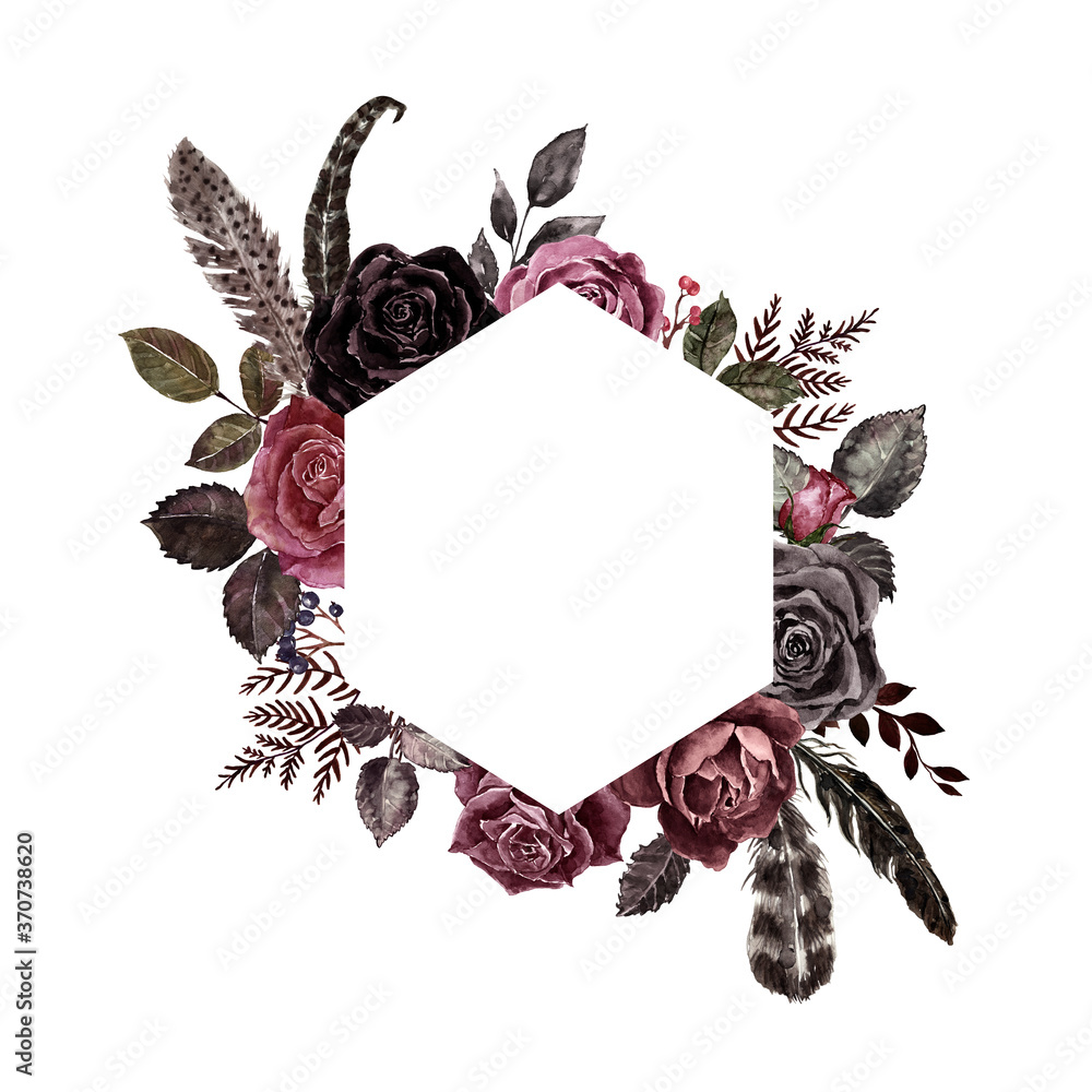 Watercolor floral boho frame with dark burgundy and black roses, vintage  victorian gothic style. Red, maroon and purple rose wreath with feathers,  isolated on white background. For cards, invitations. Stock Illustration