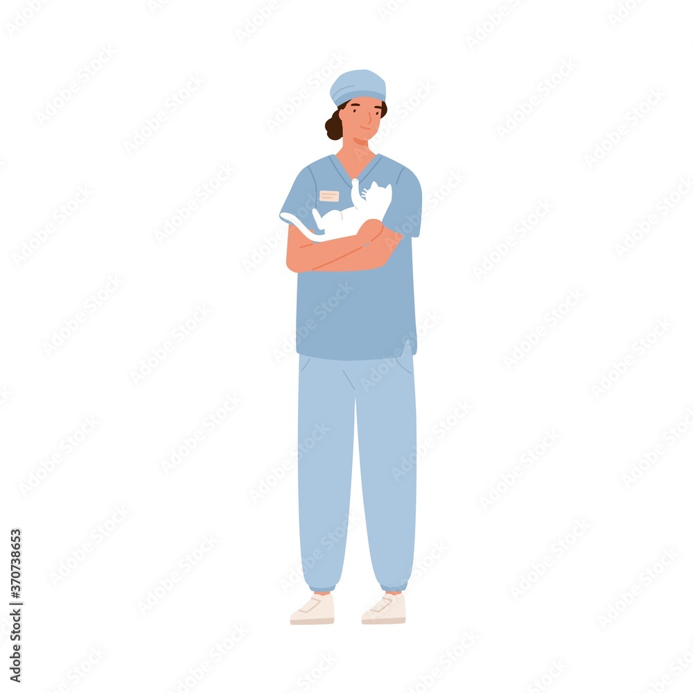 Veterinarian, animal physician, pet doctor in blue professional medical uniform with cat. Cheerful vet woman holding cute kitten. Flat vector cartoon illustration isolated on white background.