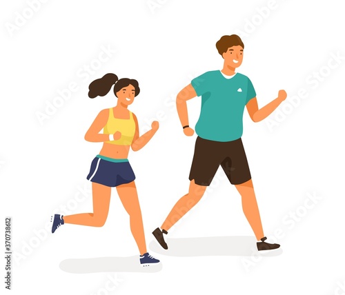 Cute jogging couple dressed in sportswear. Happy man and woman running outdoor together. Sport activity, healthy lifestyle. Warm up before training. Flat vector cartoon illustration isolated on white