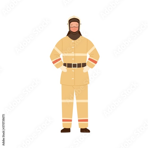 Firefighter, fireman, rescuer man in fireproof protective suit, clothes, uniform and helmet. Emergency services worker, profession. Flat vector cartoon illustration isolated on white background