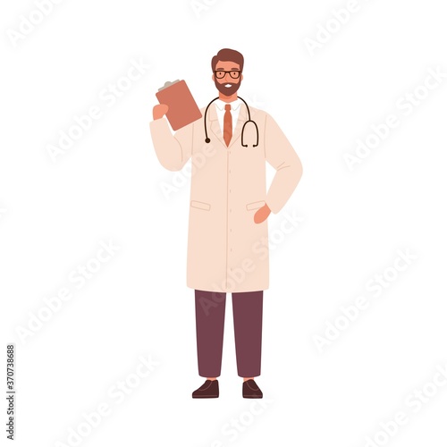 Adult man, doctor physician, practitioner, paramedic holding medical history notepad, stethoscope. Health care hospital worker, therapist. Flat vector cartoon illustration isolated on white background