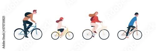 Happy family riding bike, bicycle. Joyful mother, father, daughter, son. Parents and kids cycling, spend time together. Outdoor sport activity. Flat vector cartoon illustration isolated on white