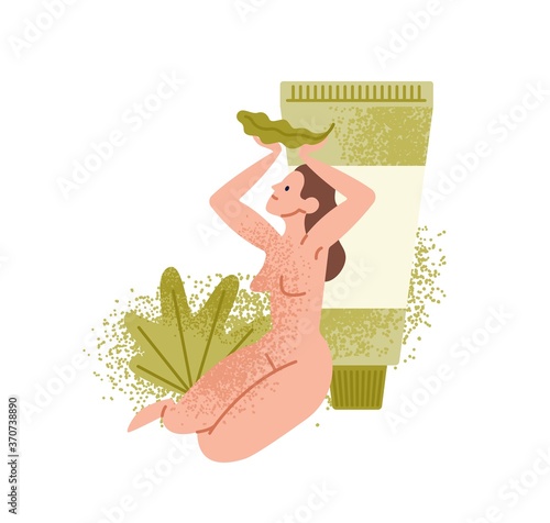 Naked woman sits near giant lotion tube pack. Tropical palm leaves, natural skin care cream, balsam, gel. Eco friendly vegan organic cosmetics. Flat vector cartoon illustration isolated on white