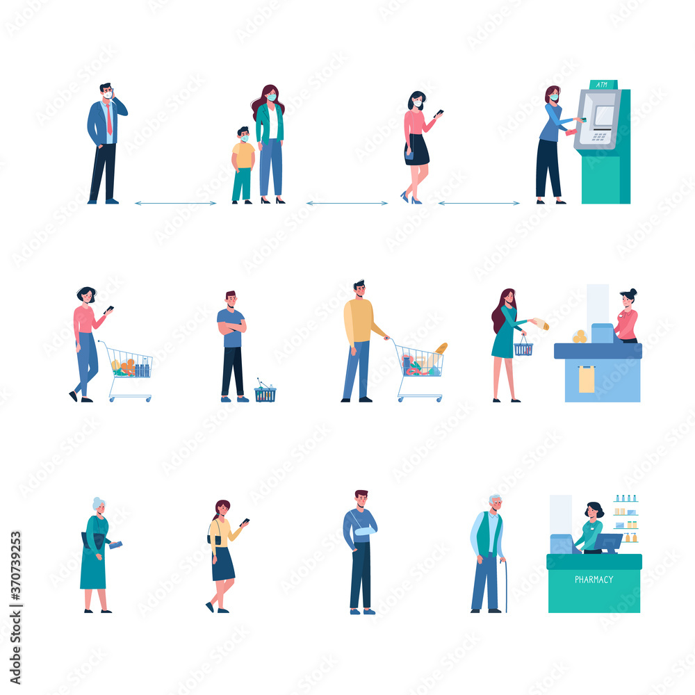 Vector set People keep their distance when they stand in line at the ATM, supermarket, pharmacy. Social safe distance between people so as not to spread the virus, coronavirus. Men and women, flat