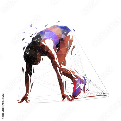 Sprinter woman kneeling in blocks. Low poly female runner waiting at start, isolated vector geometric illustration. Triangles. African american polygonal athlete