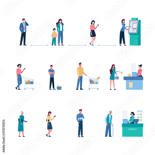 Vector set People keep their distance when they stand in line at the ATM, supermarket, pharmacy. Social safe distance between people so as not to spread the virus, coronavirus. Men and women, flat