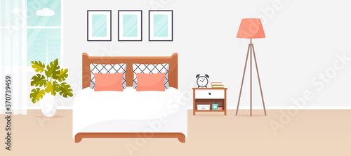 Bedroom interior design. Vector banner with copy space.