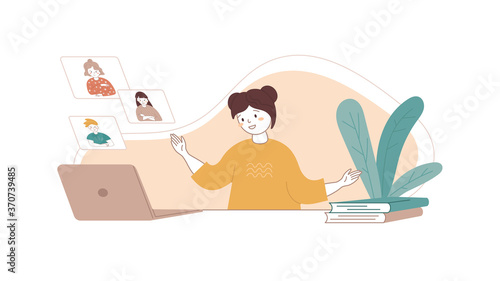 Girl talking to her classmates via a computer. Remote communication concept. Friendship at a distance. Abstract vector illustration. Character child design.