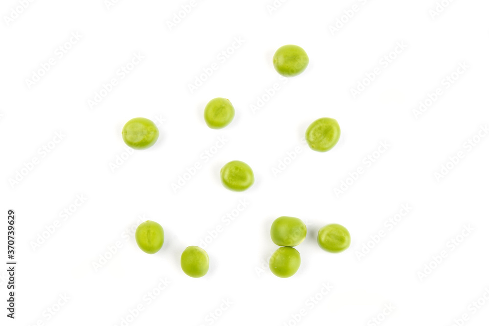 Green young peas, isolated on white background. Close-up. Top view Green young peas, isolated on white background. Close-up. Top view