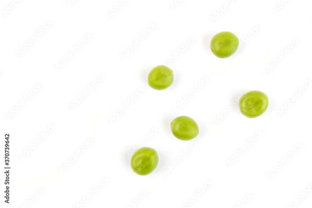 Green young peas, isolated on white background. Close-up. Top view Green young peas, isolated on white background. Close-up. Top view