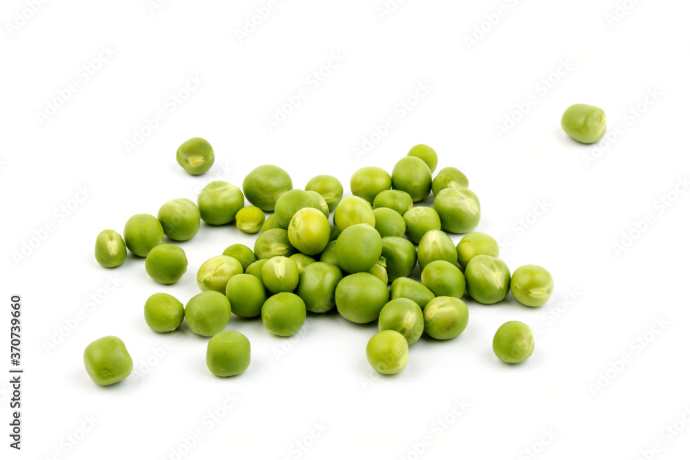 Green young peas, isolated on white background. Close-up. Top view Green young peas, isolated on white background. Close-up. Top view