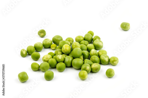 Green young peas, isolated on white background. Close-up. Top view