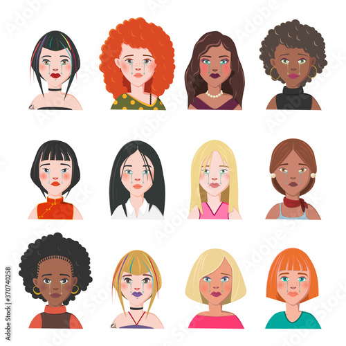 Set of Woman Avatars. Twelve Characters from Different Subcultures and Social Strata. Crying Beautiful women. Diversity of Cultures. Vector Illustration.