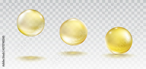 Gold bubble set isolated on transparent background. Cosmetic vitamin capsule or oil pill. Golden glass balls template. Vector 3d serum collagen essence.