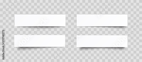 Plastic or paper white banners with shadow isolated on transparent background. Vector blank sticker, header, label or bar template