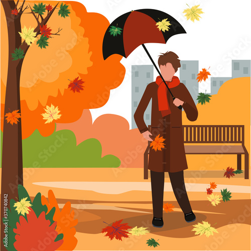 Indian summer. The autumn time has come. A character with an umbrella collects leaves and walks in the park. Graphic drawing. Golden autumn. A great time of the year.