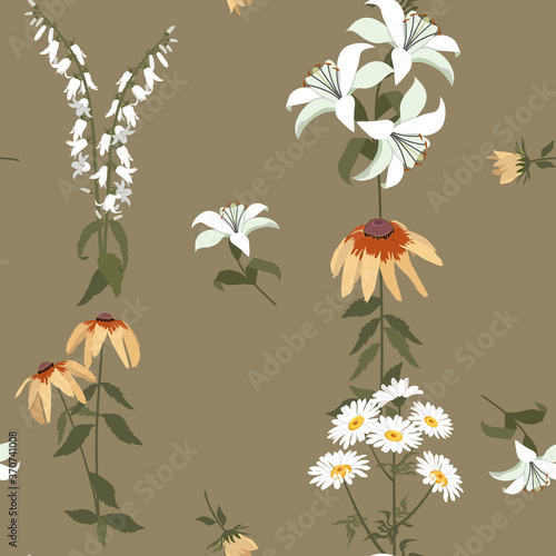 Seamless vector illustration with chamomile and lily.