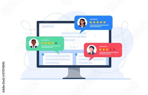 Feedback customers review on a computer monitor. People evaluating product, service. Website rating feedback concept. Trendy vector flat illustration.