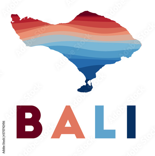 Bali map. Map of the island with beautiful geometric waves in red and blue colors. Vivid Bali shape. Vector illustration.