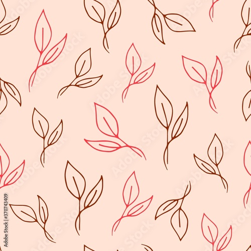Simple floral gentle calm vector seamless pattern. Brown outline of leaves on a light pink background. for prints of fabric, textile products, clothes.