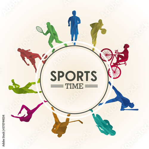 sports time poster with athletes silhouettes in circular frame