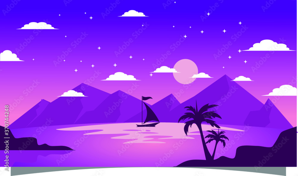 purple background with boat and mountain at night