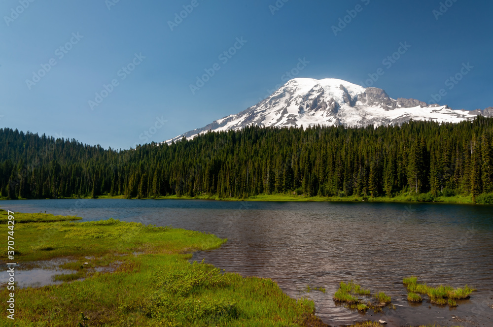 Mount Mt. Rainier Cascade Range Pacific Northwest Washington view of mountain peak and pine tree forest from lake