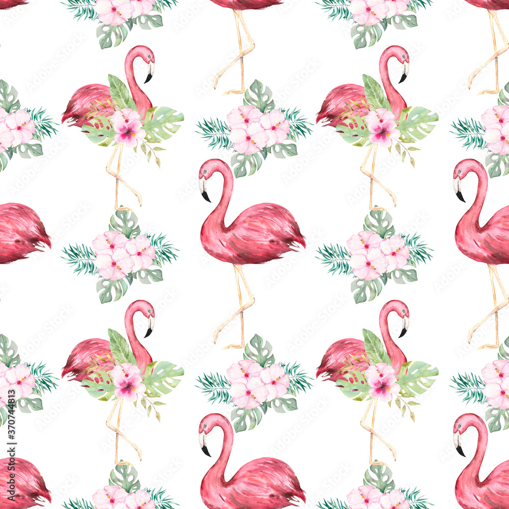 Watercolor illustration. Seamless pattern of pink flamingos with a bouquet of tropical flowers. Watercolor illustration. Seamless pattern of pink flamingos with a bouquet of tropical flowers.