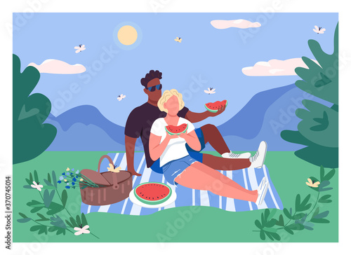Summer couple picnic flat color vector illustration. African man and caucasian woman eat watermelon. Romantic getaway. Interracial couple 2D cartoon characters with landscape on background