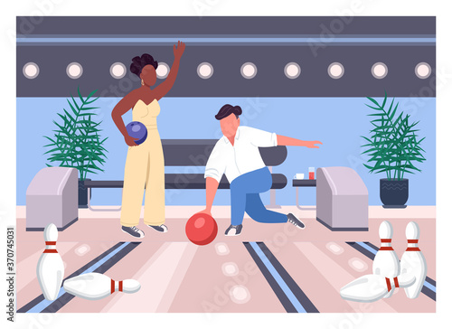 Bowling date flat color vector illustration. Friends play game together. Weekend fun pastime for man and woman. Interracial couple 2D cartoon characters with game center interior on background