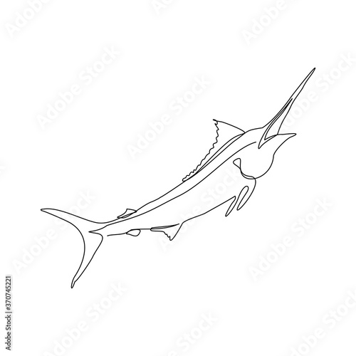 Continuous line drawing of big swimming swordfish marlin fish. One line concept of under water life. Vector illustration