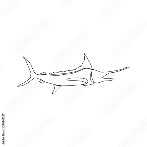 Continuous line drawing of big swimming swordfish marlin fish. One line concept of under water life. Vector illustration