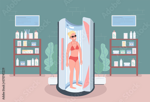 Solarium flat color vector illustration. Stand up sunbed. Spa salon equipment for procedures. Woman using indoor tanning in beauty center 2D cartoon character with furniture on background