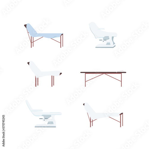 Clinic bed flat color vector objects set. Medical center furniture. Beauty procedures bed. Examination couch isolated cartoon illustration for web graphic design and animation collection