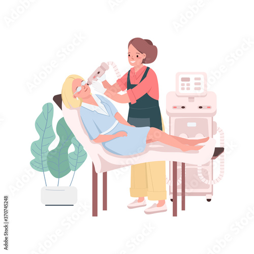 Light skin therapy flat color vector detailed characters. Facial treatment procedures. Beauty salon worker and customer isolated cartoon illustration for web graphic design and animation
