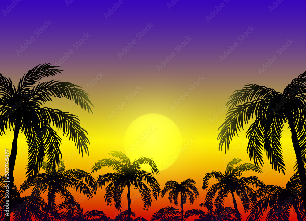 Illustration with silhouettes of palm trees on the background of a beautiful sunset.