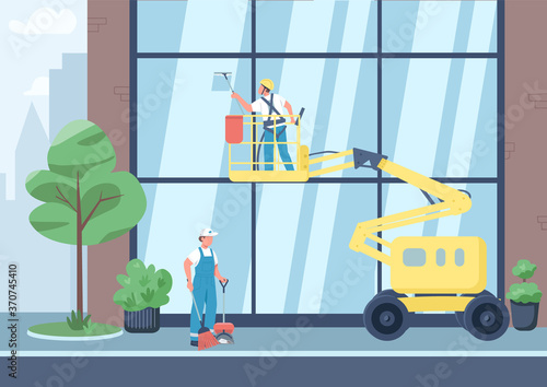 Urban cleaning flat color vector illustration. Cleaners team 2D cartoon characters with city on background. Commercial janitorial service. Building windows cleaning and street sweeping
