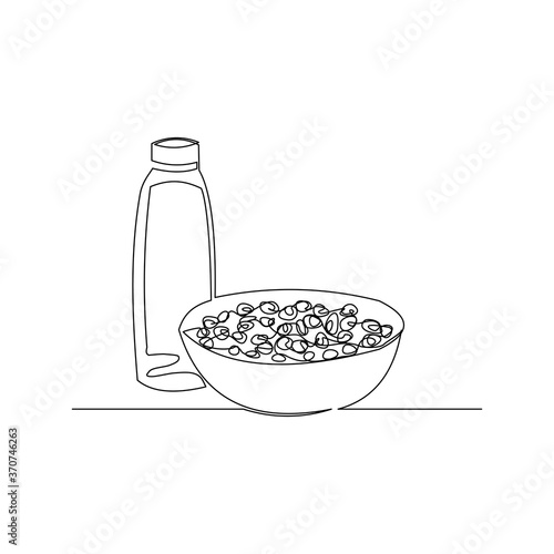Continuous line drawing of a bowl of cereal breakfast and bottle of milk. Single line concept of healthy food. Vector illustration
