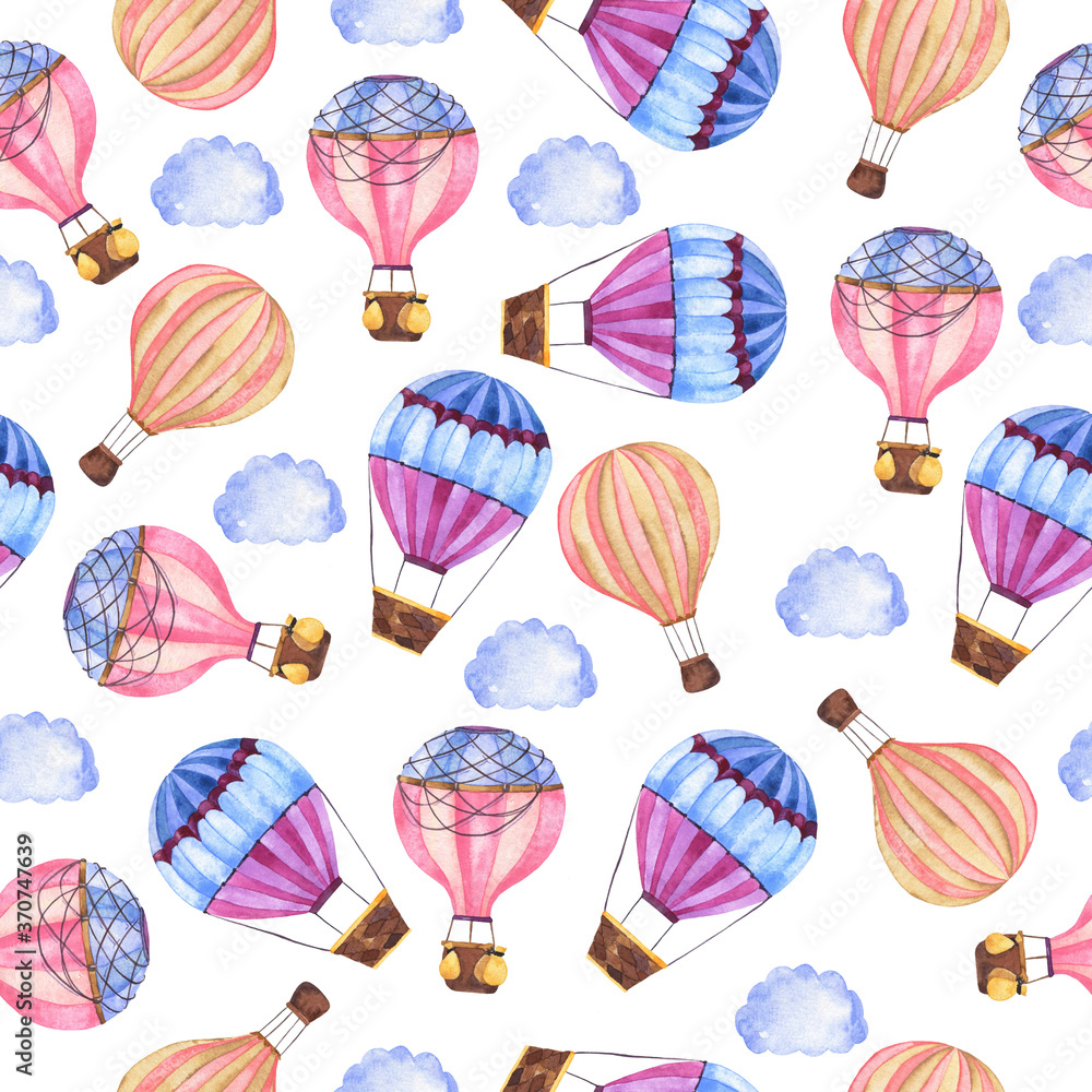 Fototapeta Seamless pattern with cute hot air balloons and blue clouds on white background. Hand drawn watercolor illustration.