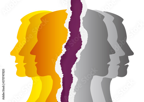 Schizophrenia, manic depression, male head silhouettes on torn paper.
Illustration of Stylized Male head silhouettes. Concept symbolizing schizophrenia, bipolar disorder, depression. Vector available