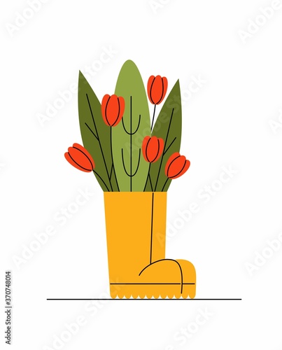 Yellow gumboots full of flowers. Flat vector illustration