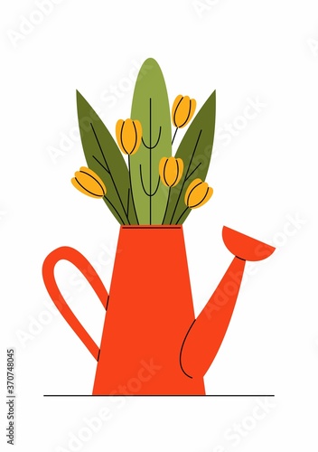 Orange watering can full of flowers. Flat vector illustration