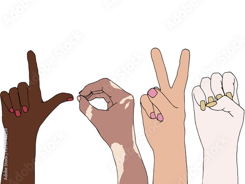 Illustration of different skin people raising their hands for equality