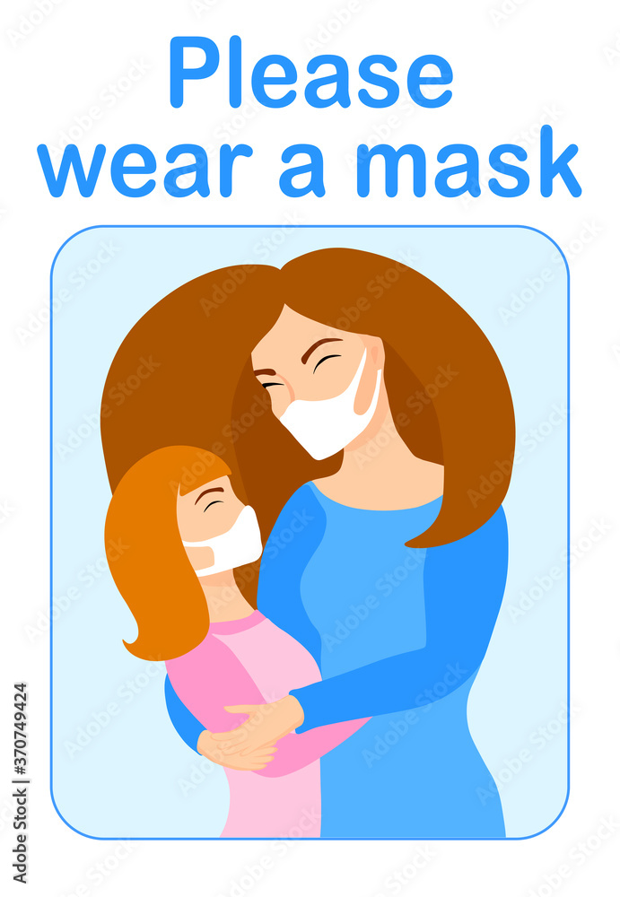 Please wear a mask sign. Woman with daughter wearing mask. Banner