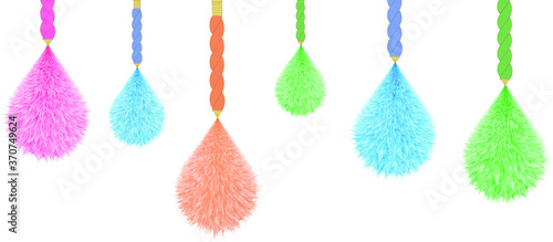 Colorful Decorative Hanging Pom poms. Horizontal Border Pattern. Great for handmade cards, invitations, wallpaper, packaging, nursery designs