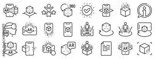 VR simulation, Panorama view, 360 degree. Augmented reality line icons. Virtual reality gaming, augmented, full rotation arrows icons. 360 vr tour, virtual simulation device. Vector