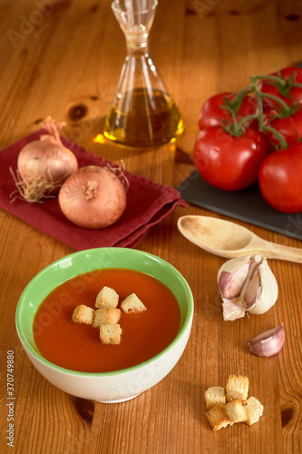 Tomato Gazpacho Cook Onion Garlic Spoon Toasted Bread selective focus