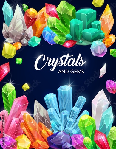 Crystal gems, cartoon vector poster with gemstones and jewel rocks, minerals, Natural multicolored gem stones opal, emerald, quartz glass, jewelry and geology magic crystals, fantasy treasures, assets