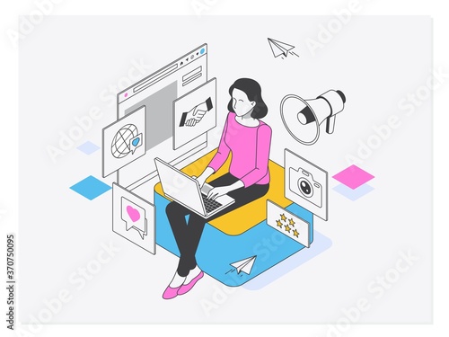 Social media manager or influencer at work.Macromarketing, social influence, global marketing strategy concept. Isometric vector isolated illustration