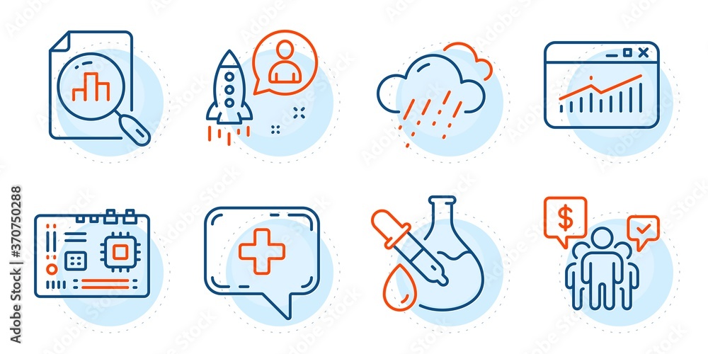Startup, Motherboard and Website statistics signs. Medical chat, Analytics graph and Rainy weather line icons set. Chemistry experiment, Teamwork symbols. Medicine help, Chart report. Vector Startup, Motherboard and Website statistics signs. Medical chat, Analytics graph and Rainy weather line icons set. Chemistry experiment, Teamwork symbols. Medicine help, Chart report. Vector